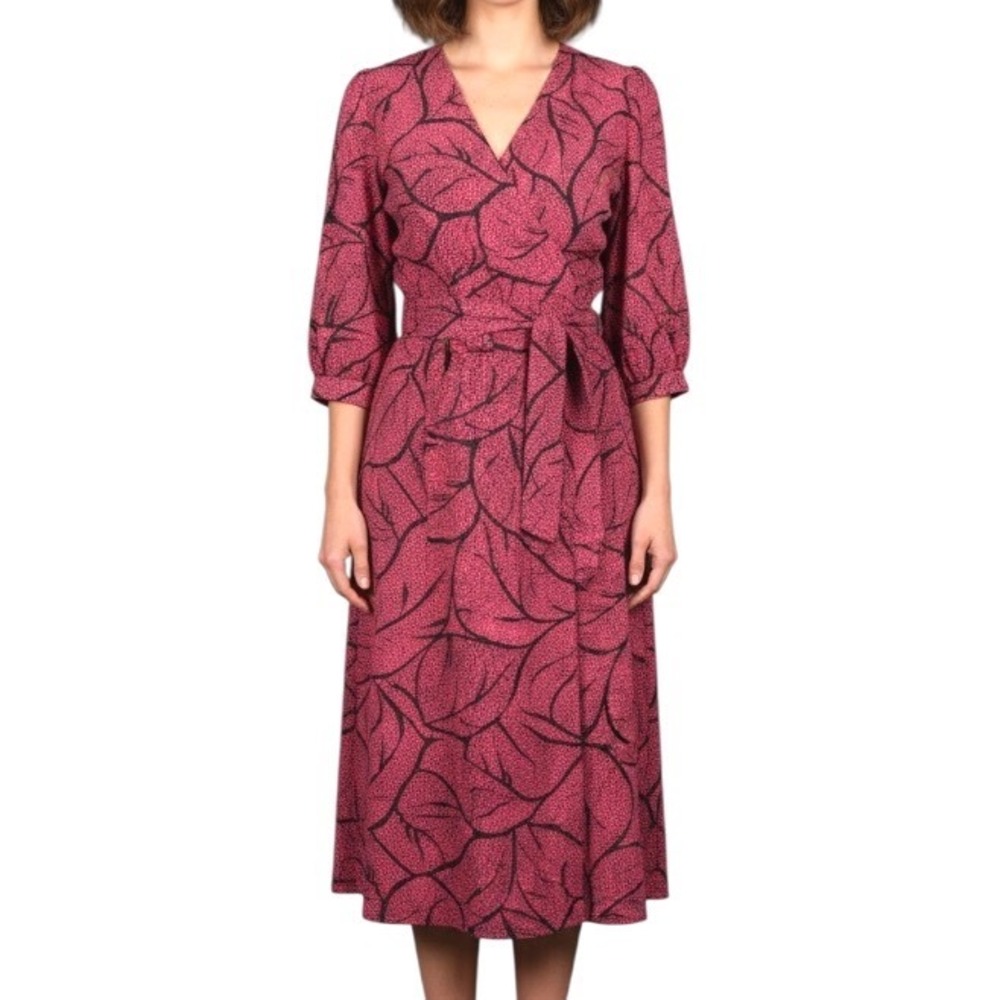 VTG LADY CAROL Pink/Black FLORAL/TROPICAL Belted PLEATED Satin BLOUSON DRESS 14
